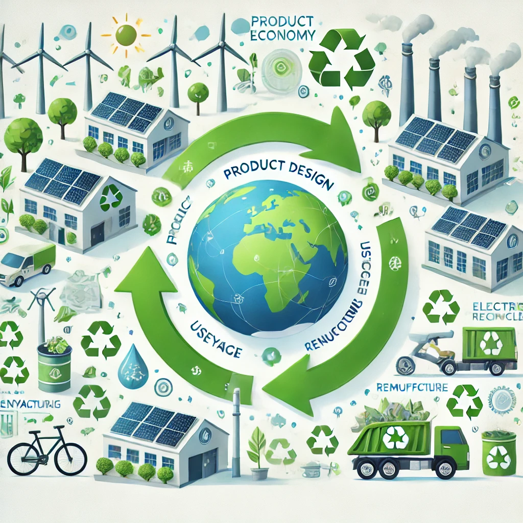 DALL·E 2025 02 13 00.22.19 An illustration of the circular economy concept. The image showcases a sustainable cycle with arrows connecting different stages  product design usag
