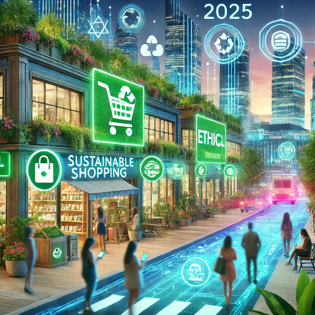 DALL·E 2025 02 18 15.18.25 A futuristic cityscape in 2025 with a blend of traditional shopping and modern sustainable consumerism. Neon lit storefronts showcase eco friendly pro