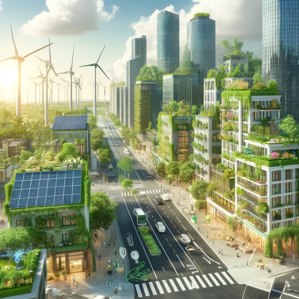 DALL·E 2025 02 19 11.54.28 A futuristic cityscape with lush greenery solar panels on rooftops wind turbines in the background and smart technology integrated into urban life