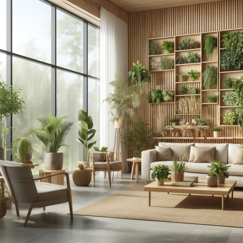 DALL·E 2025 02 21 20.48.03 A modern interior space featuring biophilic design elements  a spacious living room with large windows allowing natural light lush indoor plants incl