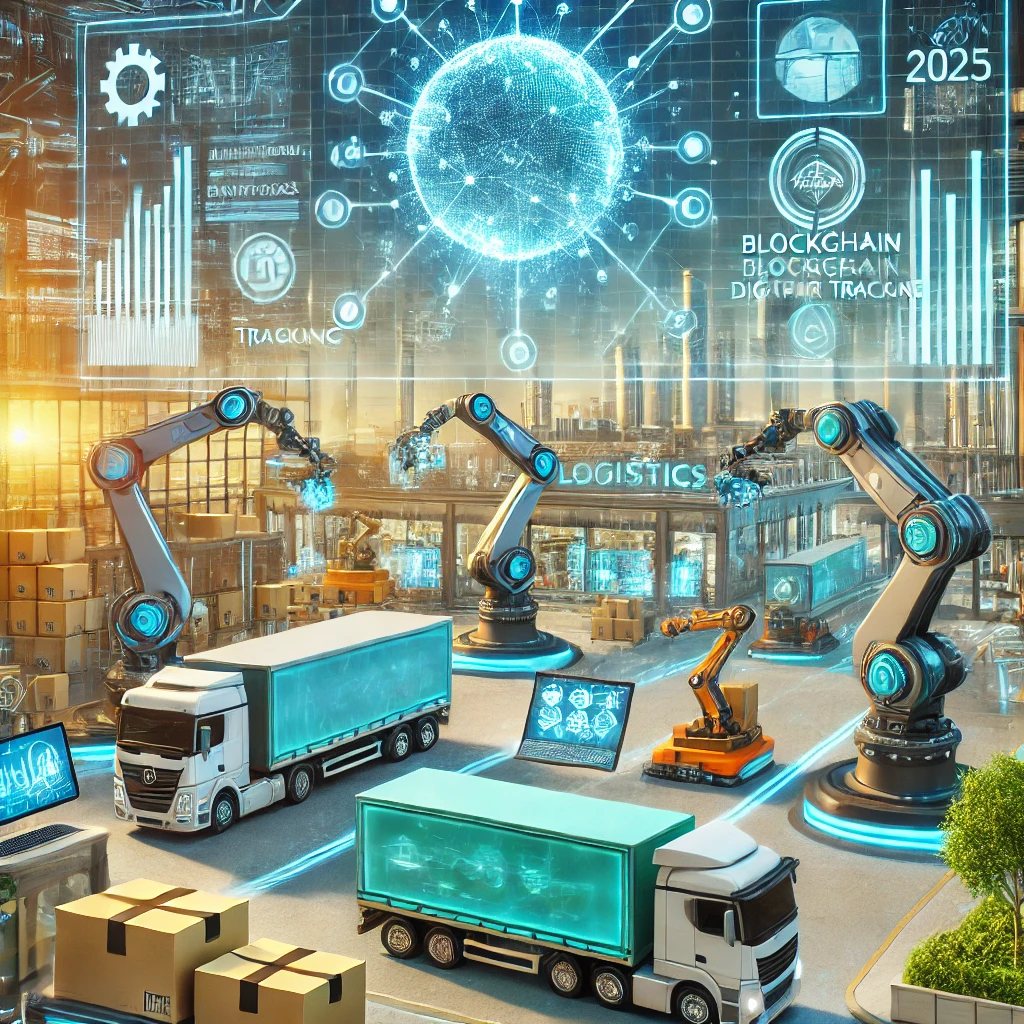 DALL·E 2025 02 25 01.12.40 A futuristic supply chain concept with a high tech logistics hub automated robotic arms sorting packages AI powered data analytics screens blockcha