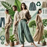 DALL·E 2025 02 27 14.44.28 A modern stylish fashion scene highlighting sustainable clothing. The image features eco friendly fabrics like organic cotton bamboo and recycled m