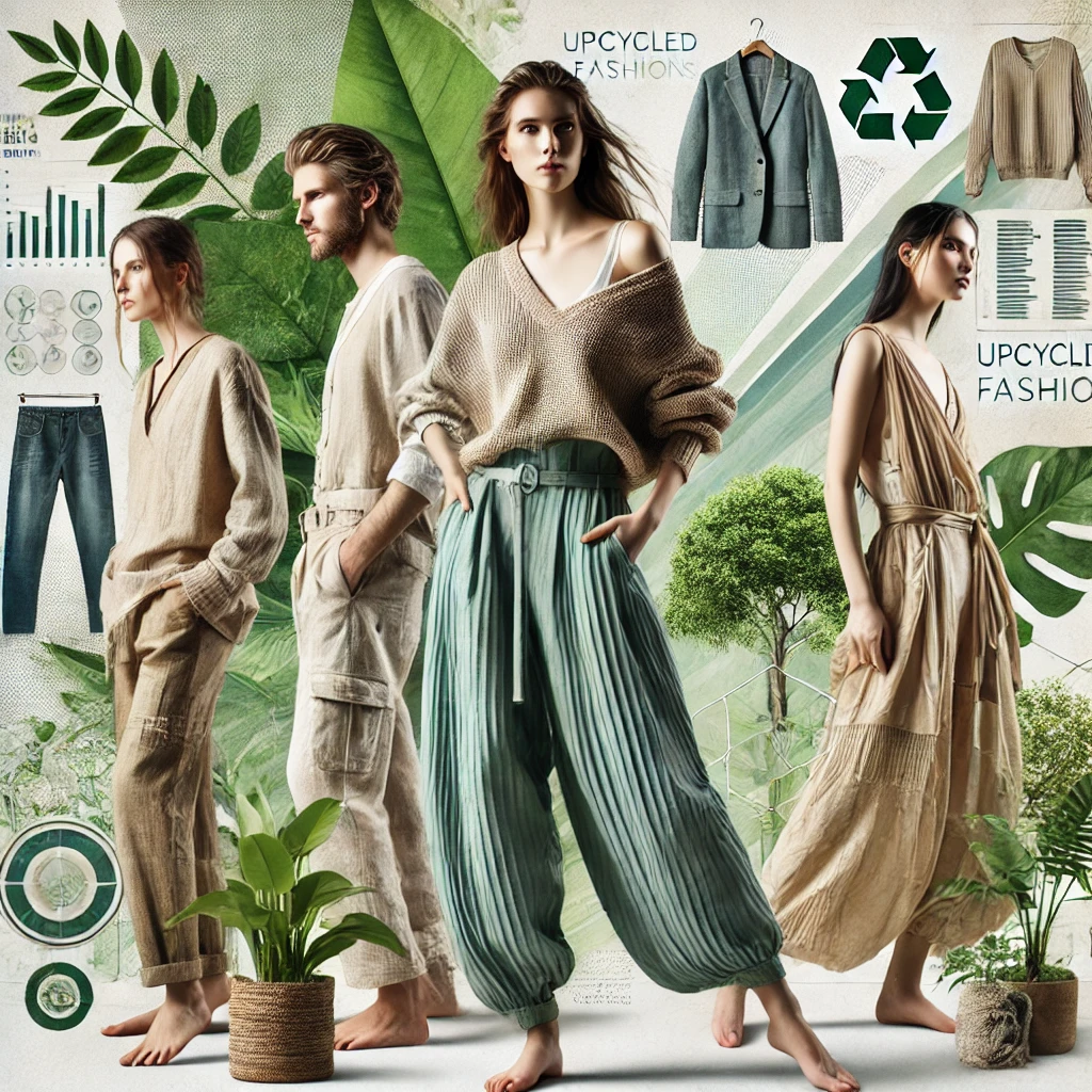 DALL·E 2025 02 27 14.44.28 A modern stylish fashion scene highlighting sustainable clothing. The image features eco friendly fabrics like organic cotton bamboo and recycled m