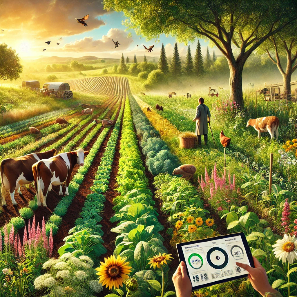 DALL·E 2025 03 02 19.43.07 A vibrant farm landscape showcasing regenerative agriculture techniques. The image features lush green cover crops diverse plant species and a no ti