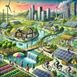 DALL·E 2025 03 07 02.33.37 A visually striking illustration of climate resilience in 2025. The image features a sustainable city with green rooftops solar panels and wind turb